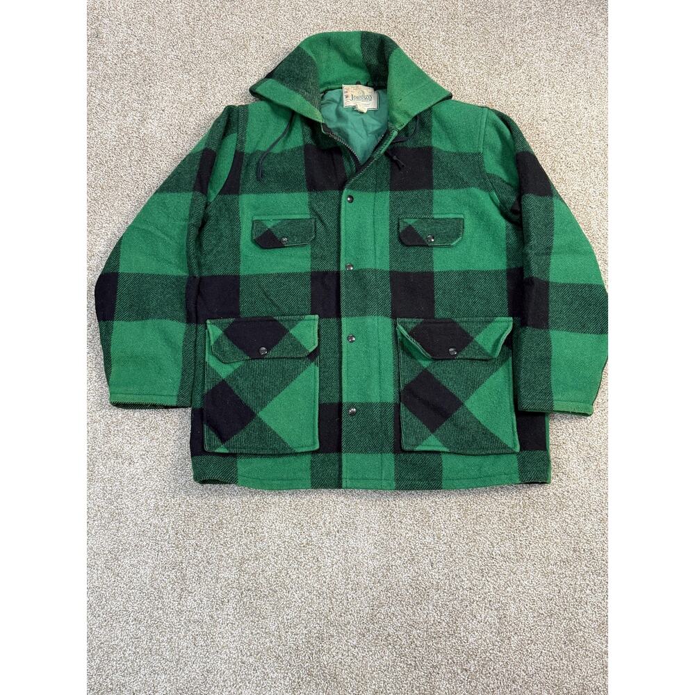 VTG Johnson Woolen Mills Coat Mens 46 Mackinaw Green Wool Buffalo Plaid Zip Snap